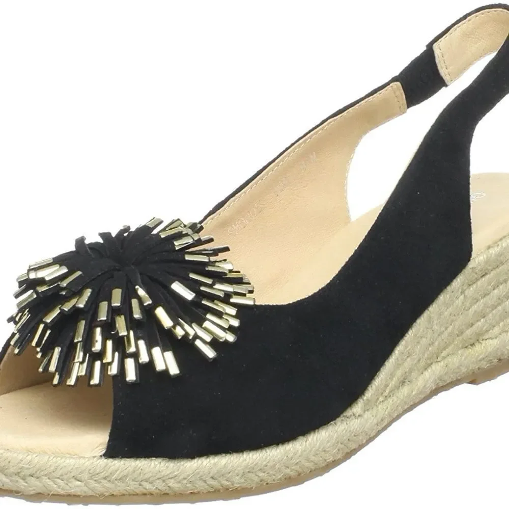 Oomphies Black Suede Pompom Wedge Espadrilles Sz‎ 8
